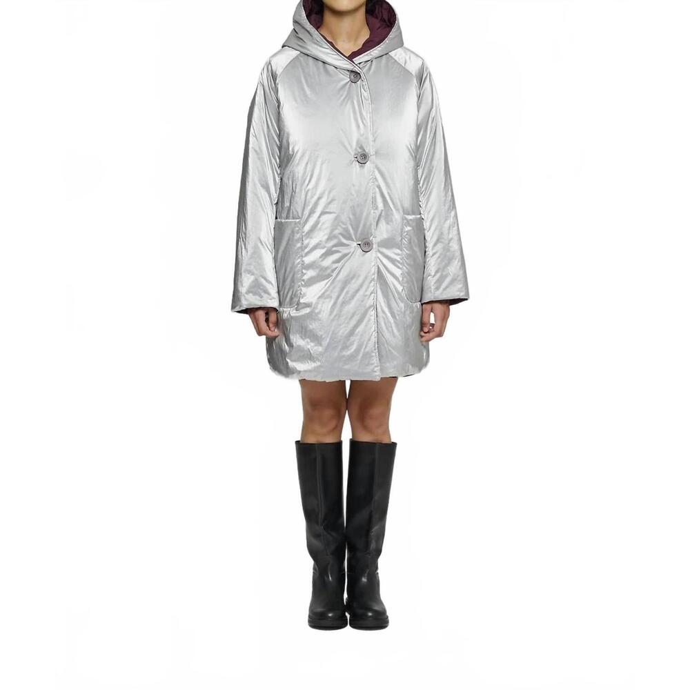 NEW OOFWEAR reversible mid-length jacket with hood in silver/plum